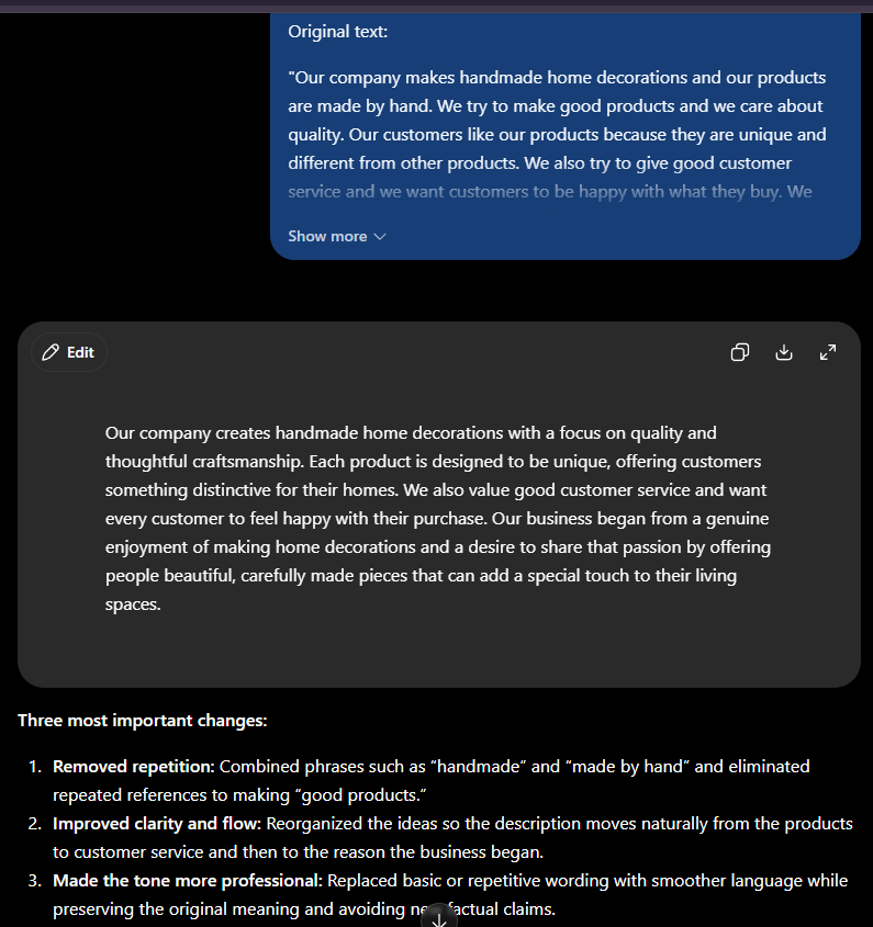 ChatGPT rewriting a small business description