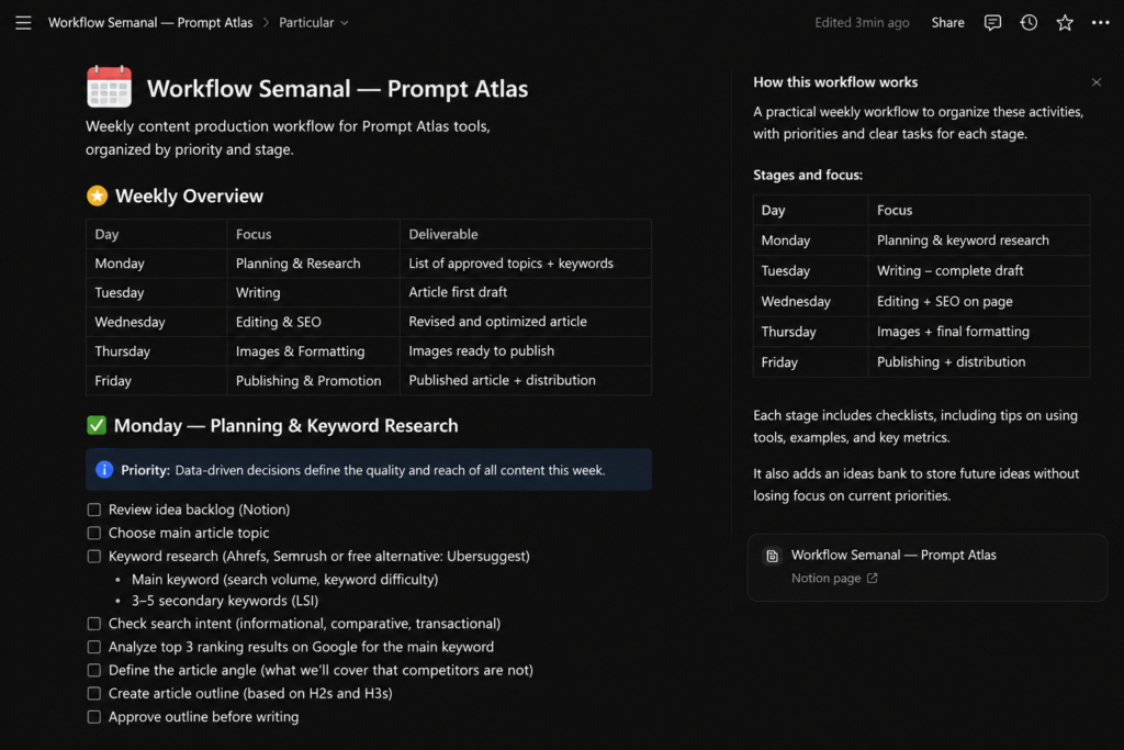 Notion AI weekly content workflow showing planning and keyword research tasks