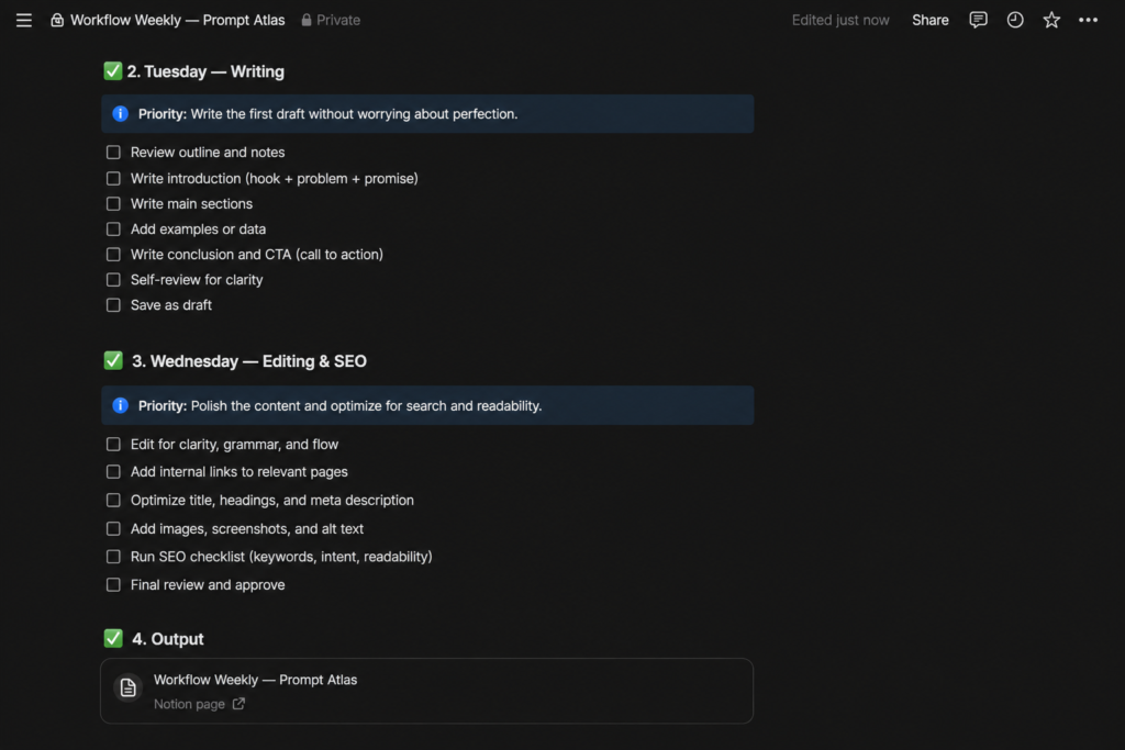 Notion AI weekly workflow showing writing, editing, and SEO tasks for Prompt Atlas