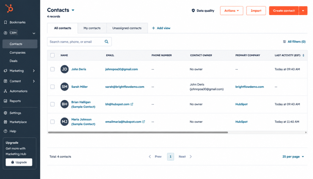 HubSpot CRM showing four contacts during our small business test