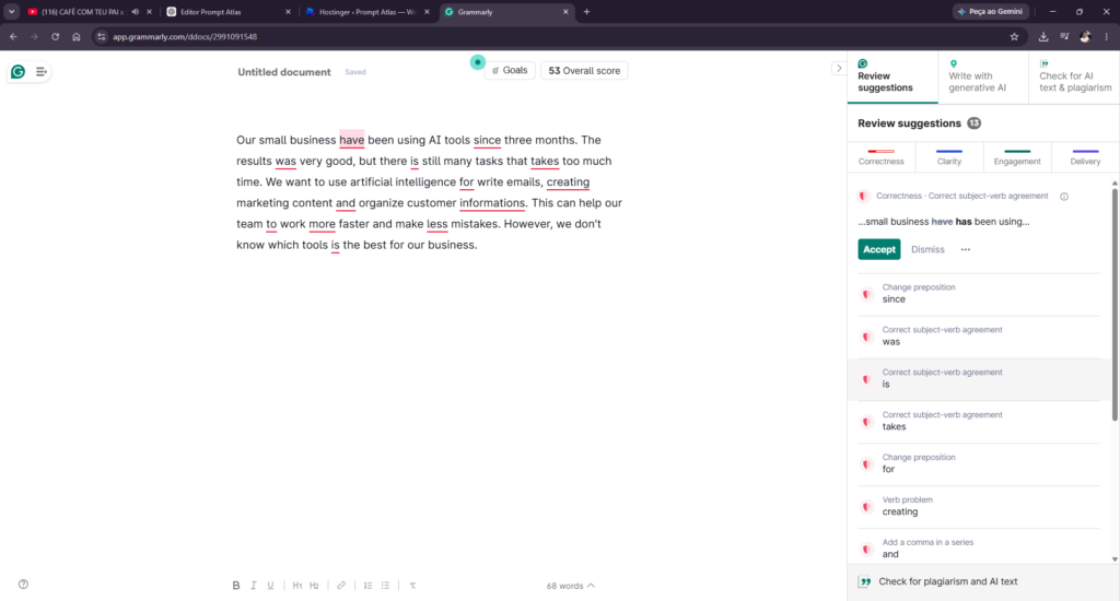 Grammarly identifying grammar and clarity issues in our small business writing test with an initial score of 53.