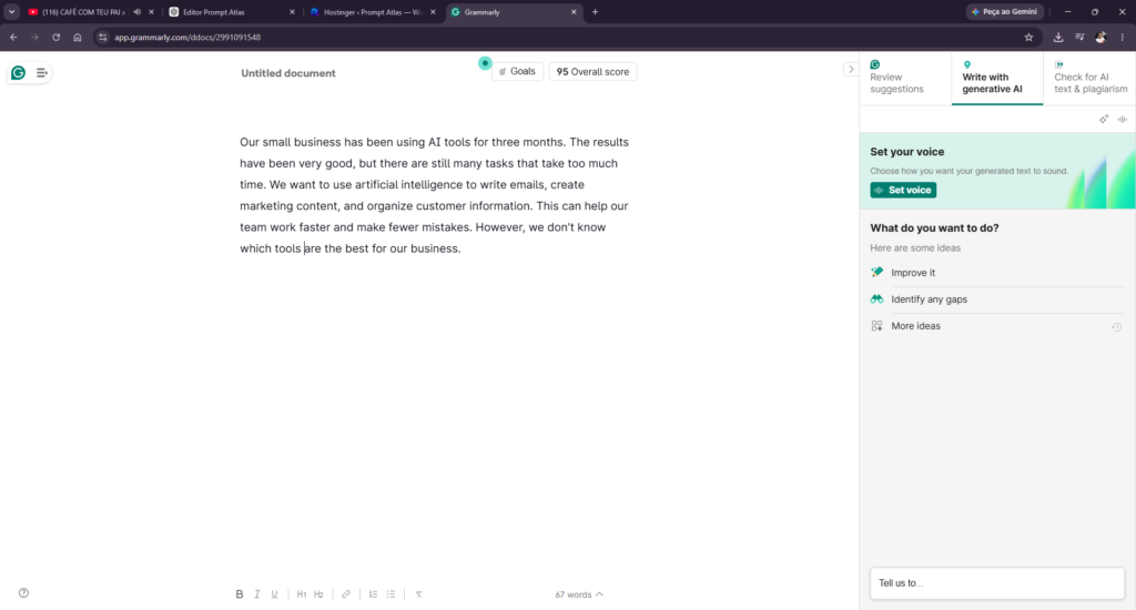 Grammarly writing test showing improved overall score after grammar corrections
