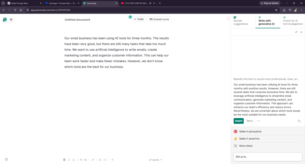 Grammarly generative AI rewriting a business text in a more professional style