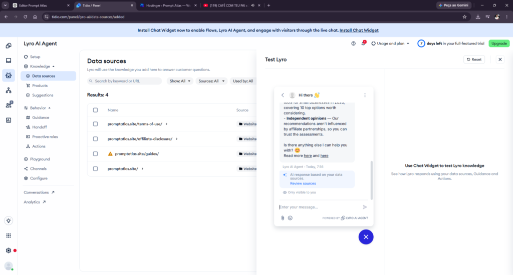 Tidio Lyro AI Agent answering questions using Prompt Atlas website data sources