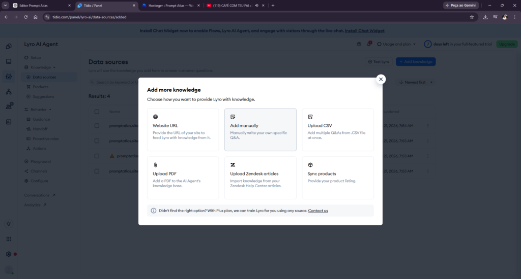 Tidio Lyro AI Agent knowledge sources setup tested by Prompt Atlas