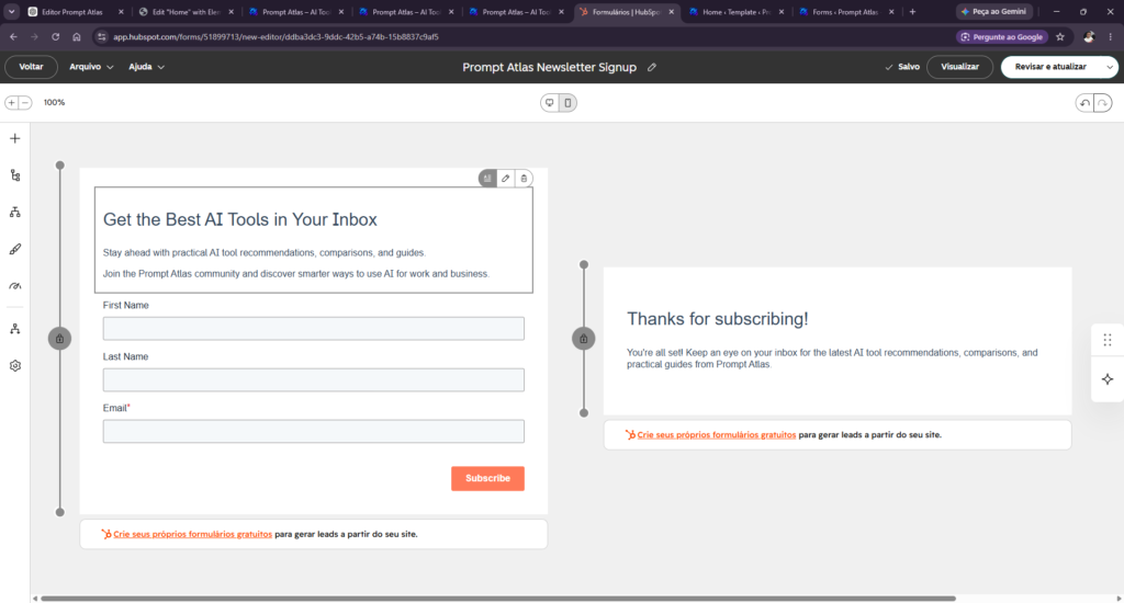 HubSpot newsletter signup form created and tested for Prompt Atlas
