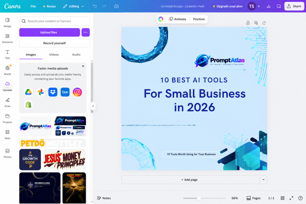 Canva editor showing a visual created for our AI tools for small business test.