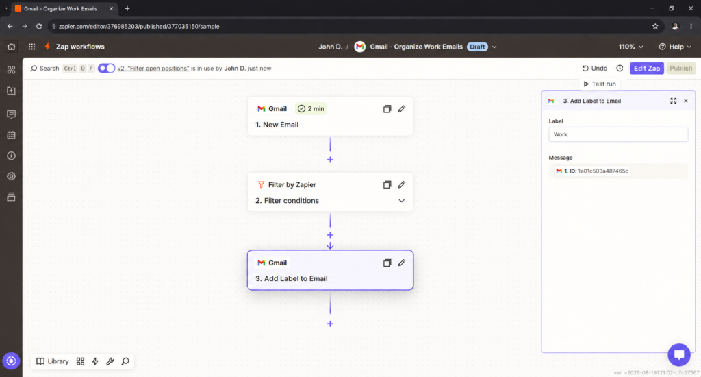 Zapier workflow automating Gmail tasks with filters during our small business automation test.