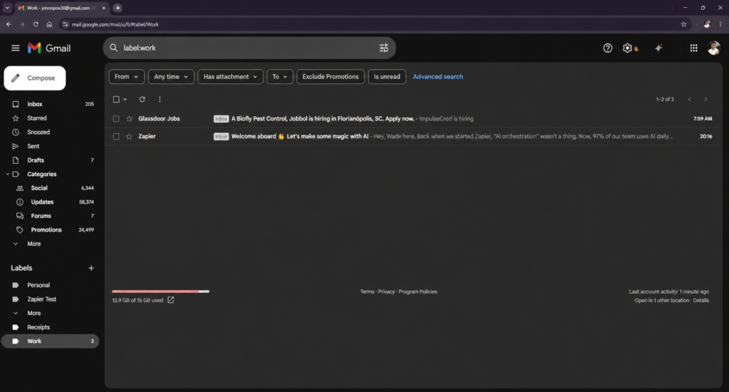 Gmail inbox showing the Work label automatically applied by our Zapier automation test.