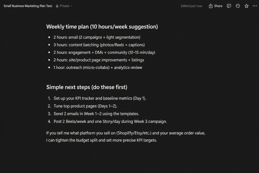 Notion AI weekly marketing time plan and recommended next steps