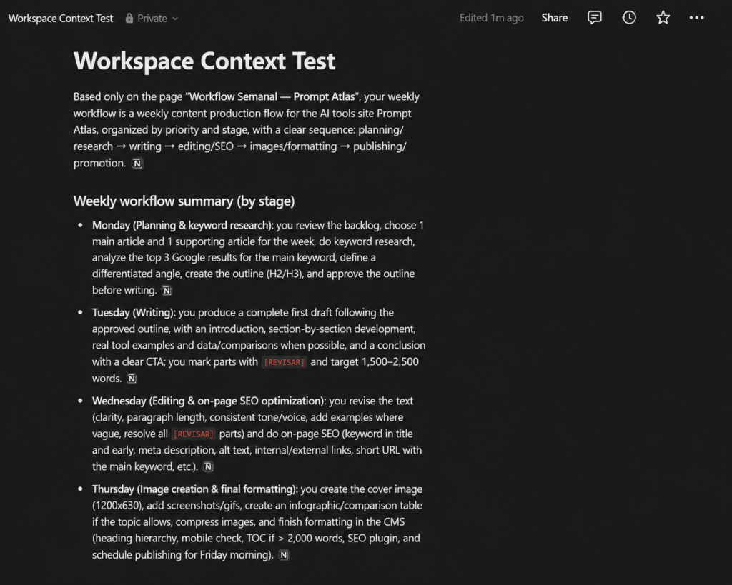 Notion AI summarizing a weekly workflow using workspace context