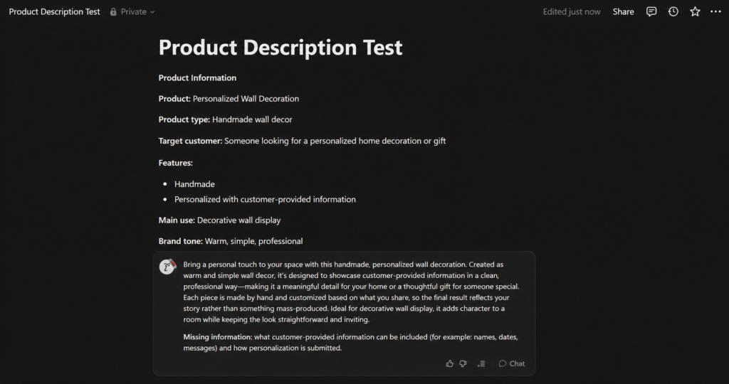 Notion AI writing a product description from limited provided information