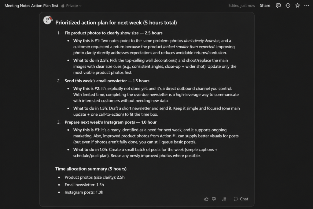 Notion AI prioritizing meeting notes into a five-hour action plan