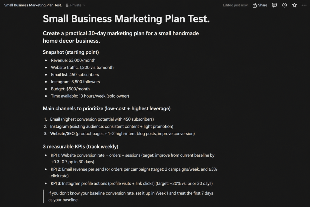 Notion AI creating a 30-day marketing plan for a small business