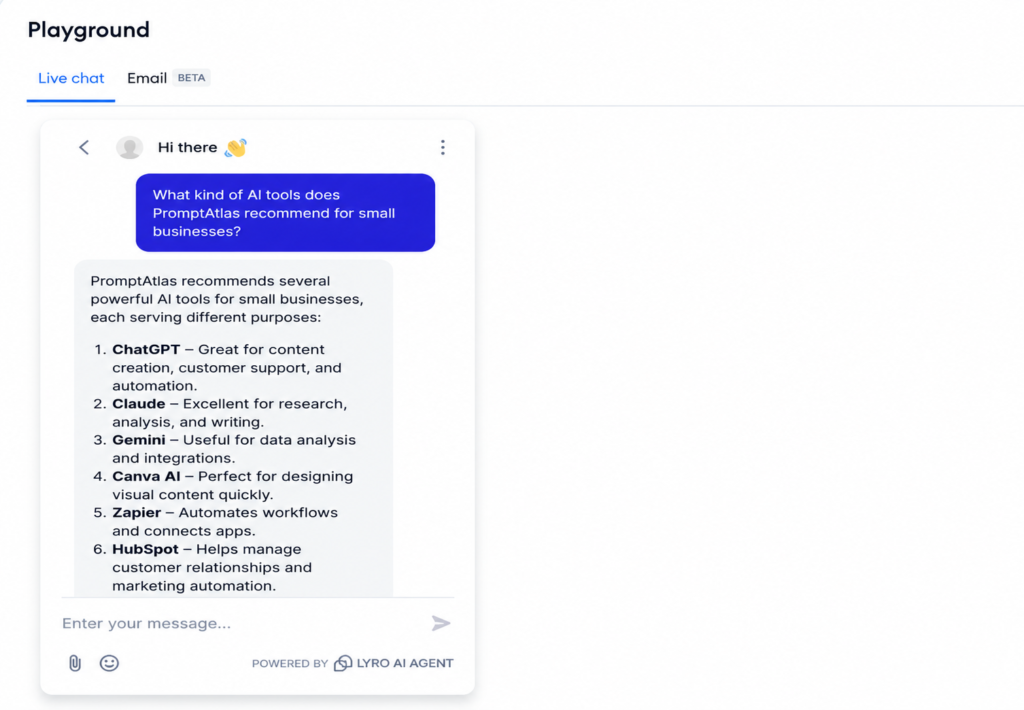 Tidio Review test of Lyro AI Agent answering a small business question