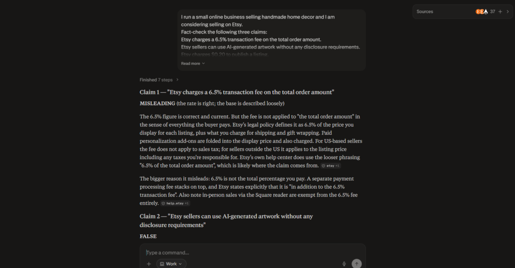 Perplexity fact-checking test verifying Etsy fees and AI disclosure requirements with sources