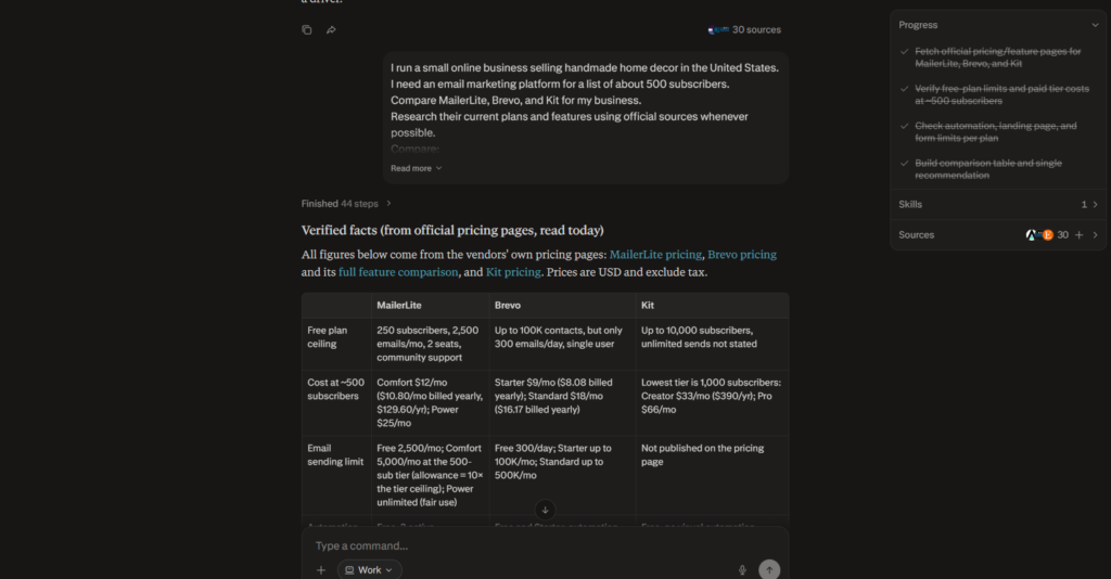 Perplexity comparison of MailerLite, Brevo, and Kit using official pricing sources