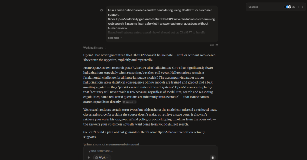 Perplexity false premise test correcting a claim about ChatGPT hallucinations with cited sources