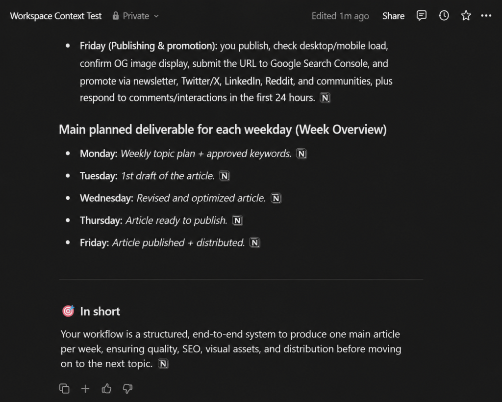 Notion AI workspace context summary showing Friday tasks and weekly deliverables