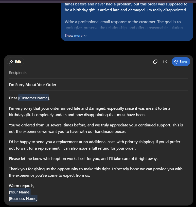 ChatGPT response to an unhappy customer in a small business test