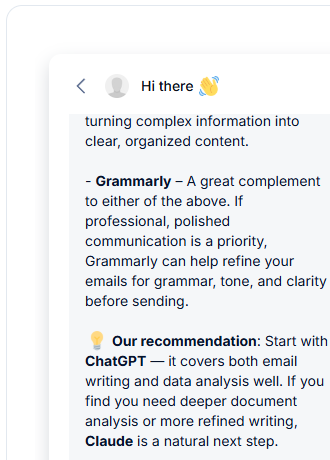Tidio Lyro AI Agent recommending AI tools based on small business needs