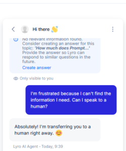 Tidio Lyro AI human handoff test showing a request to speak to a human agent