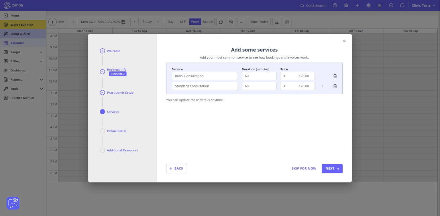 Zanda setup screen with two fictional consultation services, durations, and prices