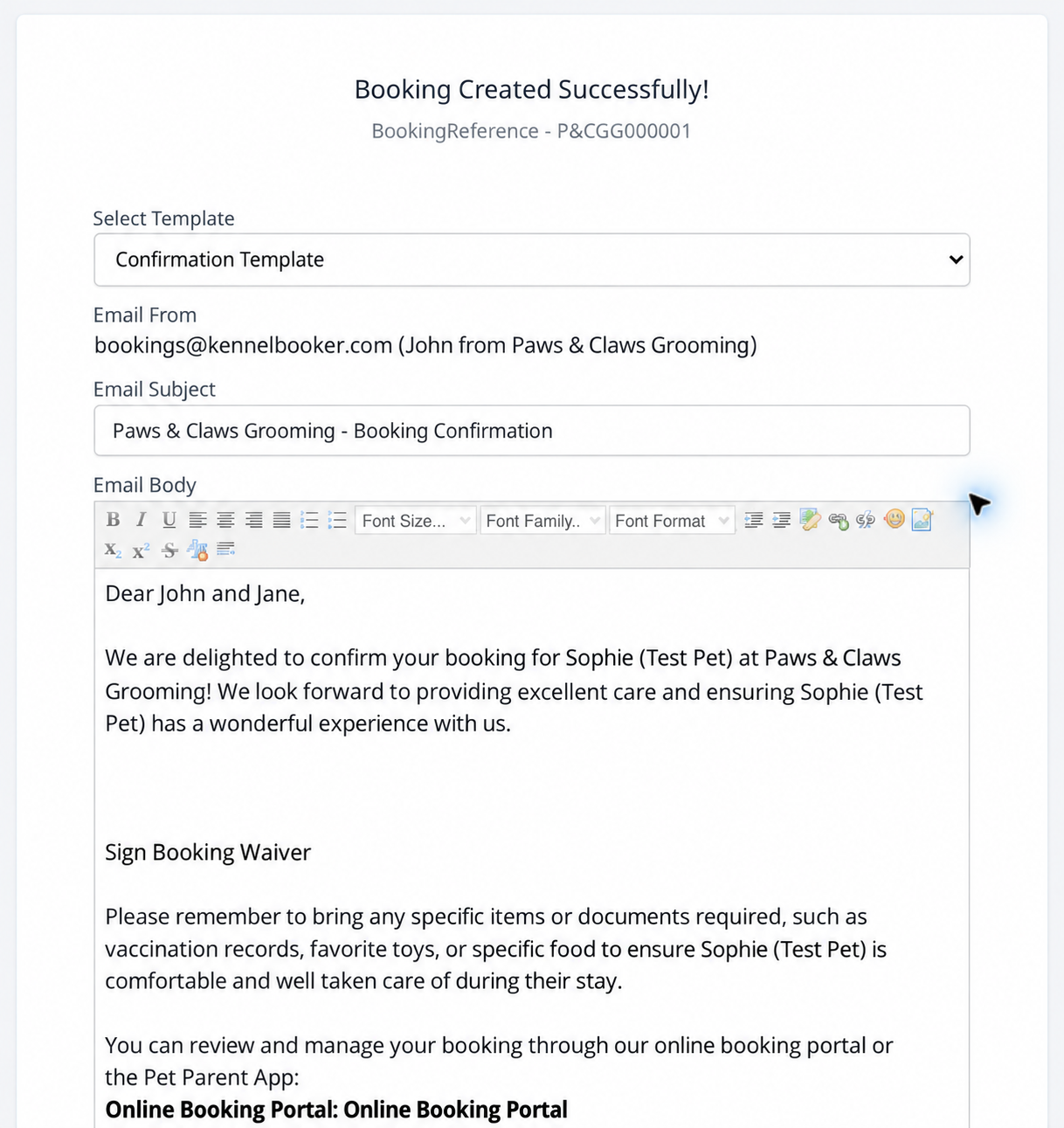 KennelBooker grooming booking confirmation with waiver link and setup warnings