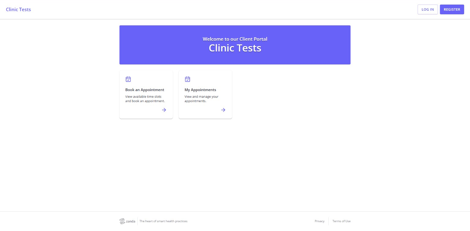 Zanda client portal homepage with booking and appointment management options