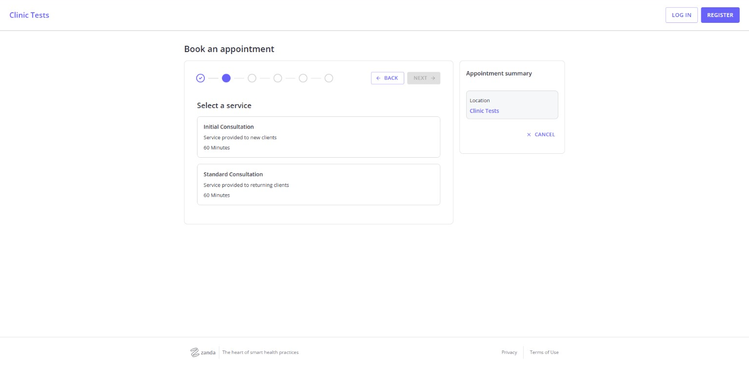 Zanda online booking page showing Initial Consultation and Standard Consultation