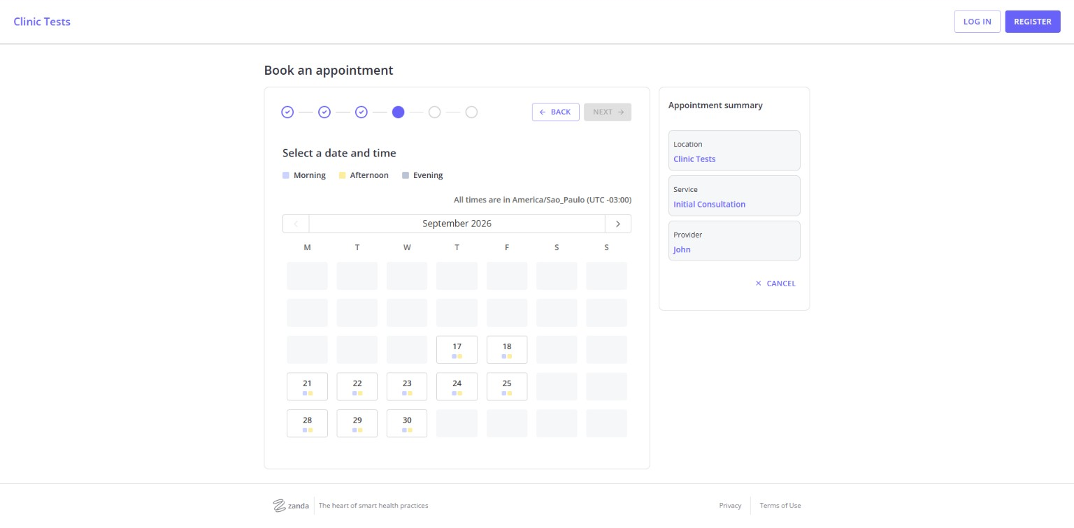 Zanda appointment calendar showing available September dates and booking summary