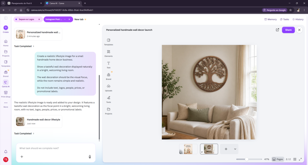 Canva AI generating a lifestyle image for handmade wall decor