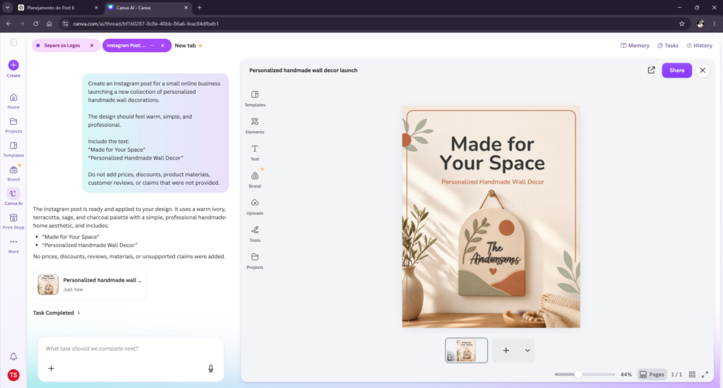 Canva AI review test creating an Instagram post for personalized handmade wall decor