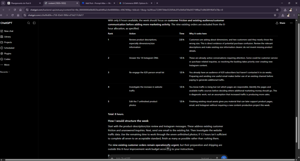 ChatGPT prioritizing five small-business tasks within an eight-hour weekly limit