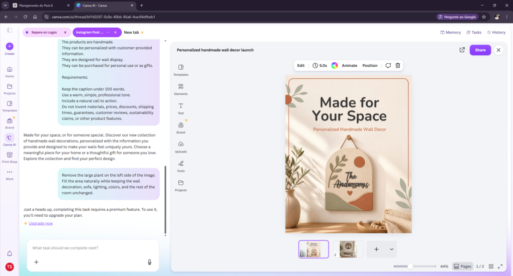 Canva AI requiring a premium upgrade for an image editing task
