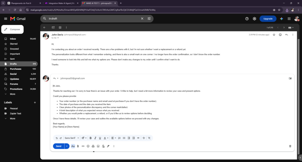 Gmail draft created by Make AI Agent requesting order details before offering replacement or refund options.