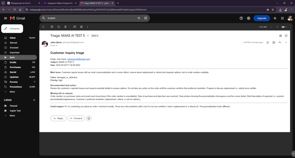 Make AI Agent triage email classifying the customer inquiry as high priority and damaged or defective.