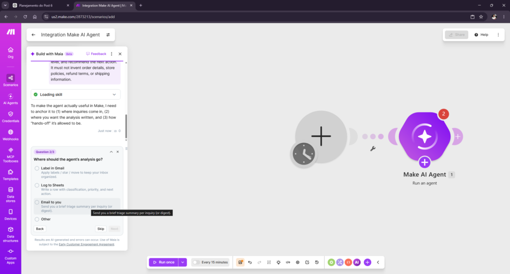 Make AI review test showing Maia configuring a customer support automation workflow