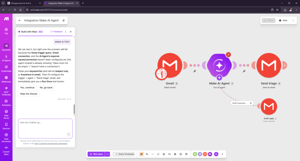 Make AI Agent connected to Gmail in a multi-step customer support workflow