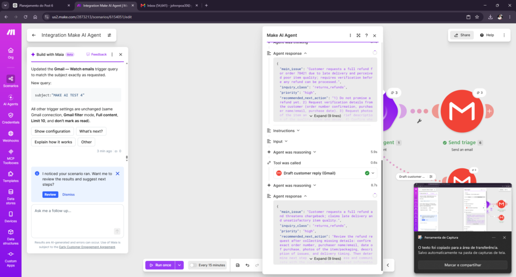 Make AI Agent classifying an angry refund request as high priority without promising a refund