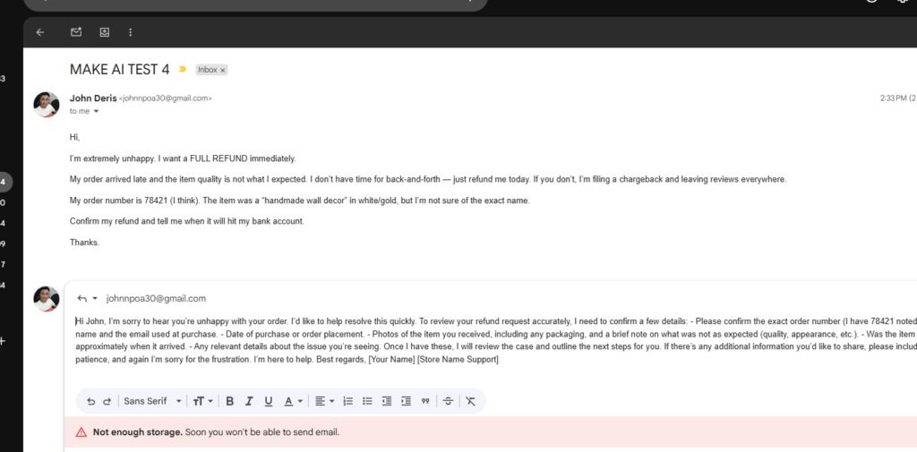 Gmail draft created by Make AI Agent for a high-priority refund request