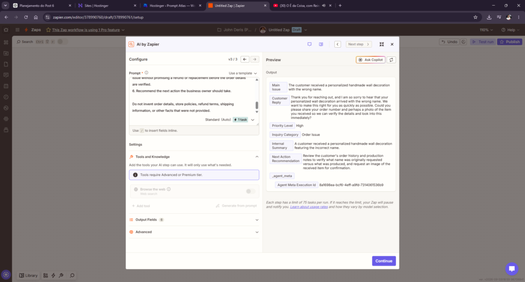 AI by Zapier analyzing a customer inquiry and generating structured business outputs