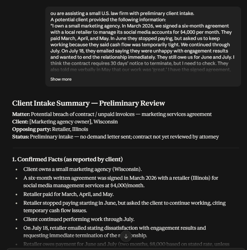 Claude organizing a fictional law firm client intake into confirmed facts reported by the client.
