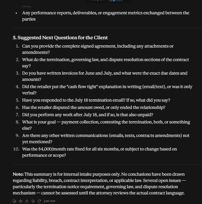 Claude suggesting follow-up questions for a client while flagging unresolved contract and jurisdiction issues.