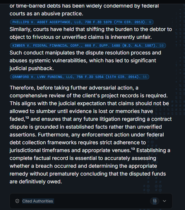 Evatt AI generating an internal legal memorandum with 13 cited authorities after drafting a client update.