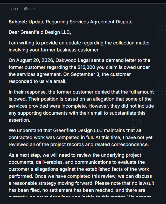 Evatt AI drafting a client update about a disputed $15,000 claim while noting that project records still require review.
