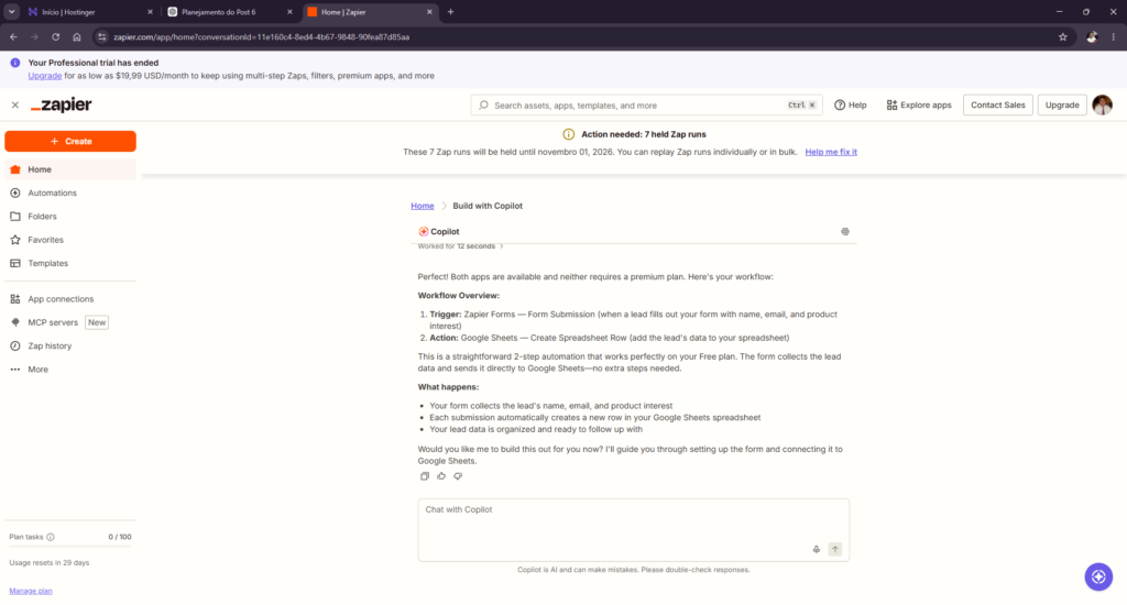 Zapier Copilot proposing a two-step lead workflow with Zapier Forms and Google Sheets