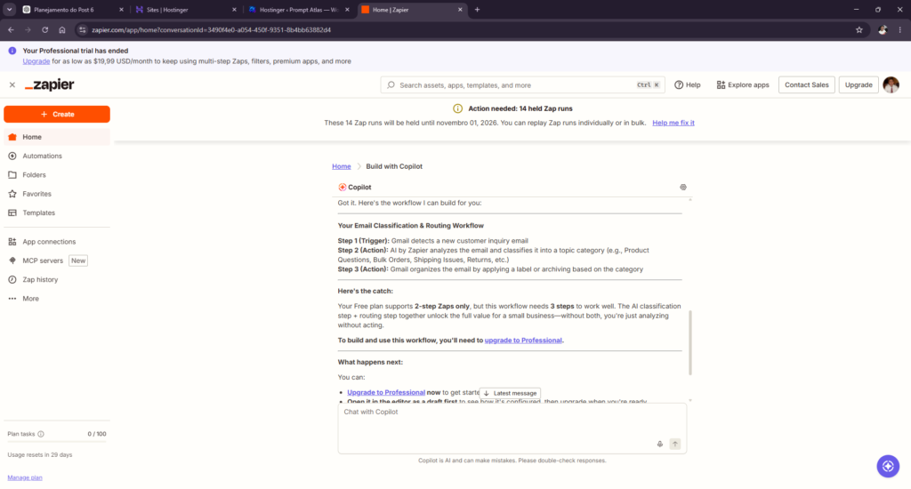 Zapier Copilot proposing a three-step customer inquiry workflow limited by the Free plan