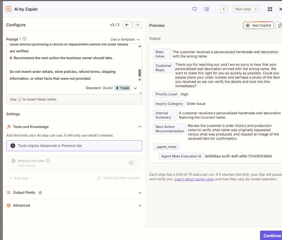 AI by Zapier analyzing a personalized order issue and returning structured customer support fields