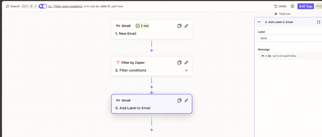 Zapier workflow editor showing a Gmail trigger, Filter by Zapier, and a Gmail labeling action.